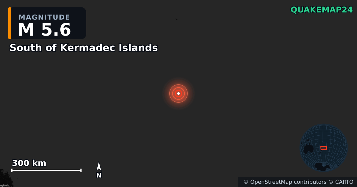 M5.6 earthquake near South of Kermadec Islands on Apr 5, 2026 — map of epicenter and shaking intensity | QuakeMap24