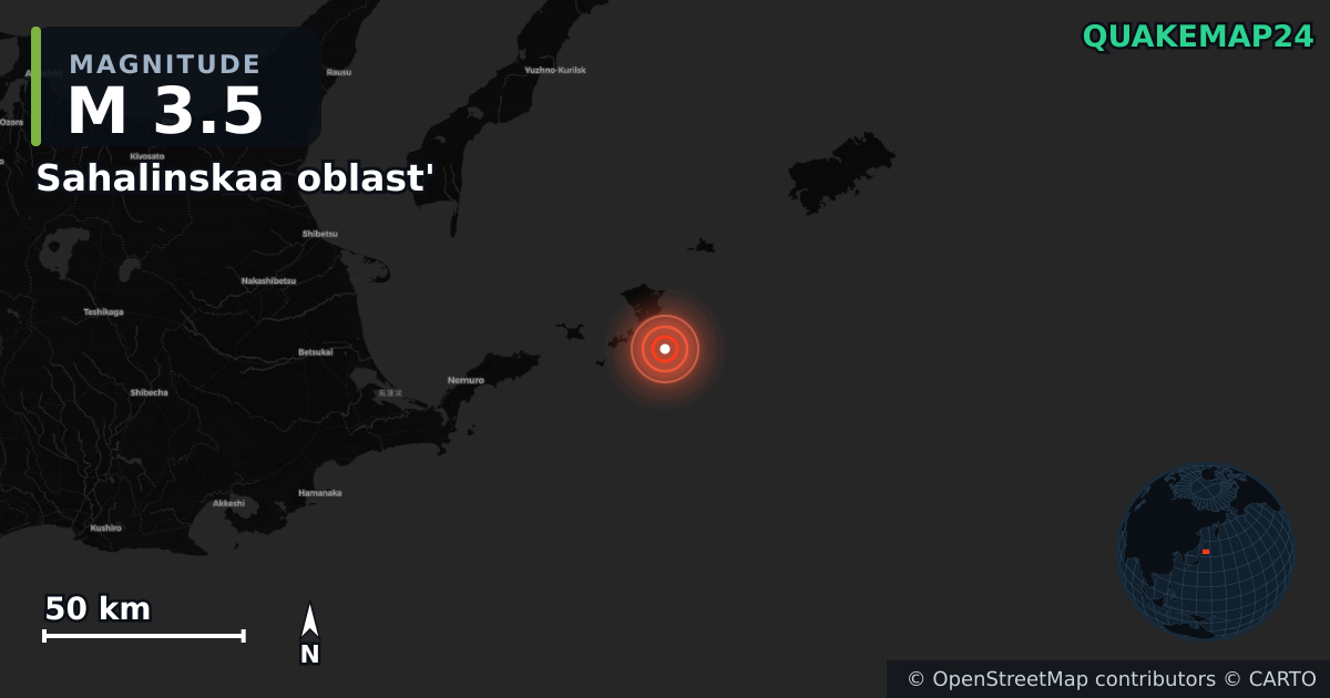 M3.5 earthquake near Sahalinskaa oblast' on Jun 13, 2025 — map of epicenter and shaking intensity | QuakeMap24