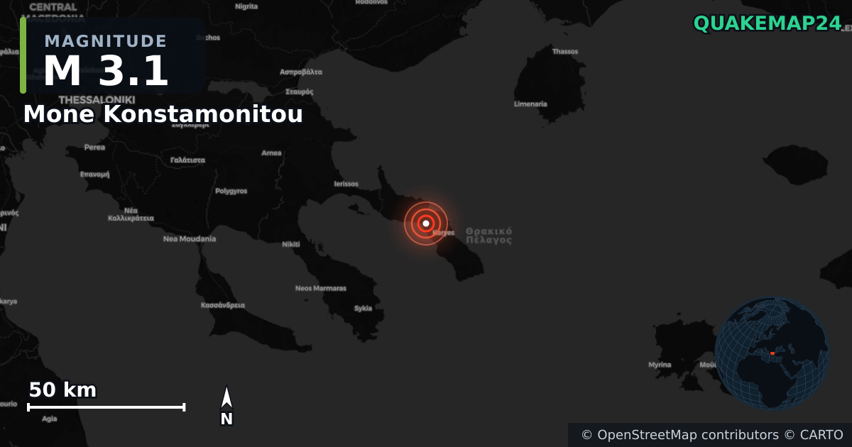 M3.1 earthquake near Mone Konstamonitou on Nov 2, 2025 — map of epicenter and shaking intensity | QuakeMap24