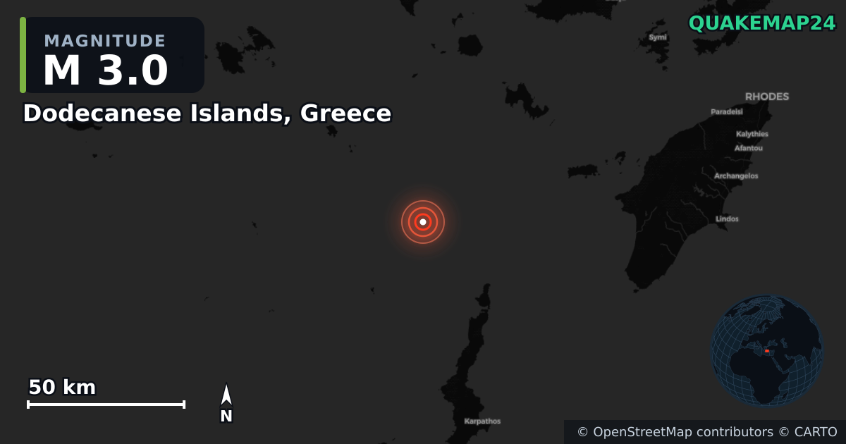 M3.0 earthquake near Dodecanese Islands, Greece on Aug 21, 2025 — map of epicenter and shaking intensity | QuakeMap24