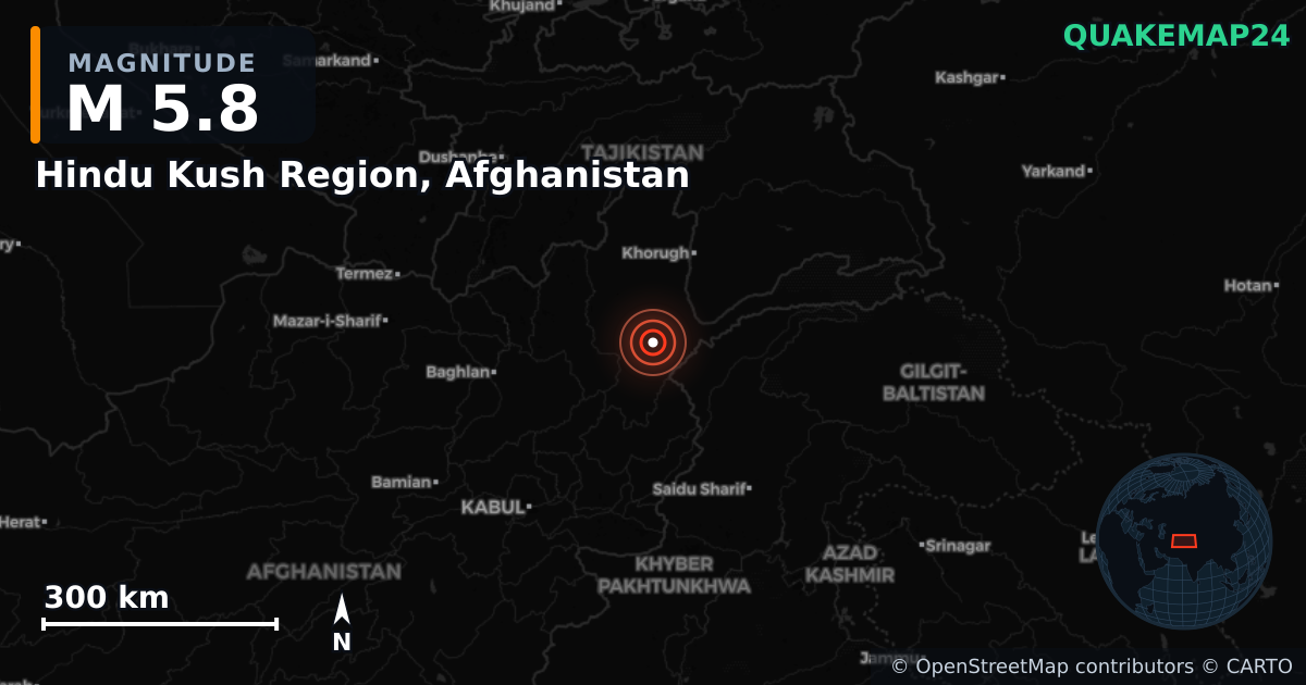 M5.8 earthquake near Hindu Kush Region, Afghanistan on Apr 3, 2026 — map of epicenter and shaking intensity | QuakeMap24