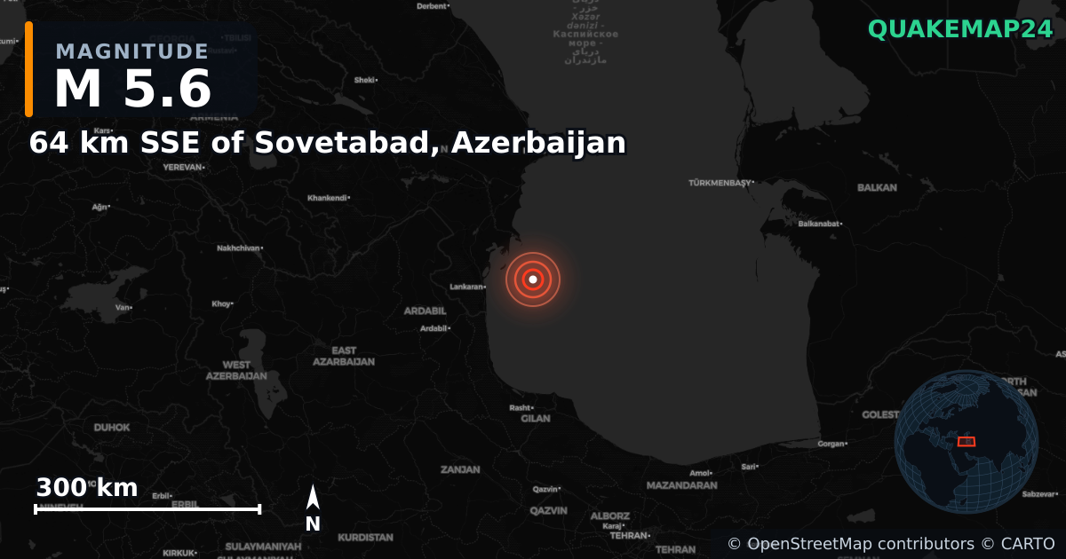 M5.6 earthquake near 64 km SSE of Sovetabad, Azerbaijan on Apr 8, 2026 — map of epicenter and shaking intensity | QuakeMap24