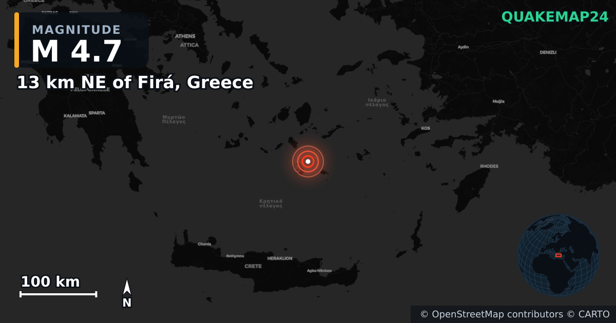M4.7 earthquake near 13 km NE of Firá, Greece on Feb 2, 2025 — map of epicenter and shaking intensity | QuakeMap24