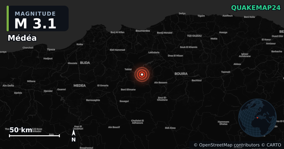 M3.1 earthquake near Médéa on Sep 16, 2025 — map of epicenter and shaking intensity | QuakeMap24