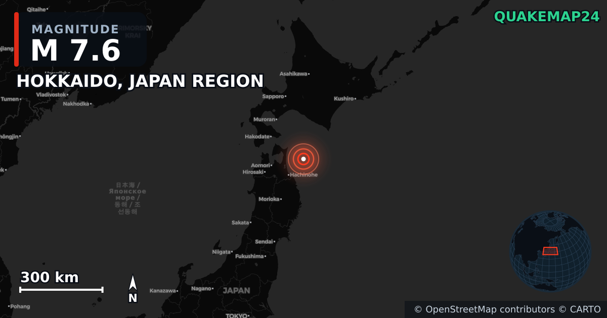 M7.6 earthquake near HOKKAIDO, JAPAN REGION on Dec 8, 2025 — map of epicenter and shaking intensity | QuakeMap24