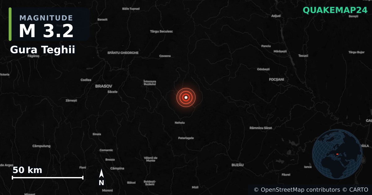 M3.2 earthquake near Gura Teghii on Apr 8, 2026 — map of epicenter and shaking intensity | QuakeMap24