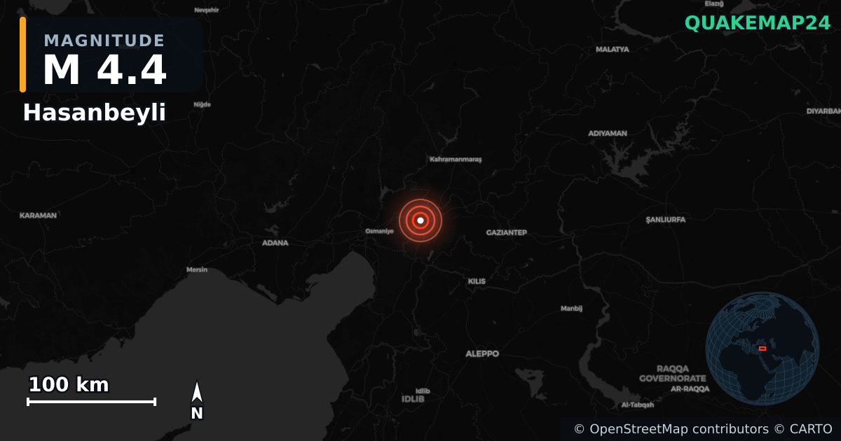 M4.4 earthquake near Hasanbeyli on Nov 20, 2025 — map of epicenter and shaking intensity | QuakeMap24