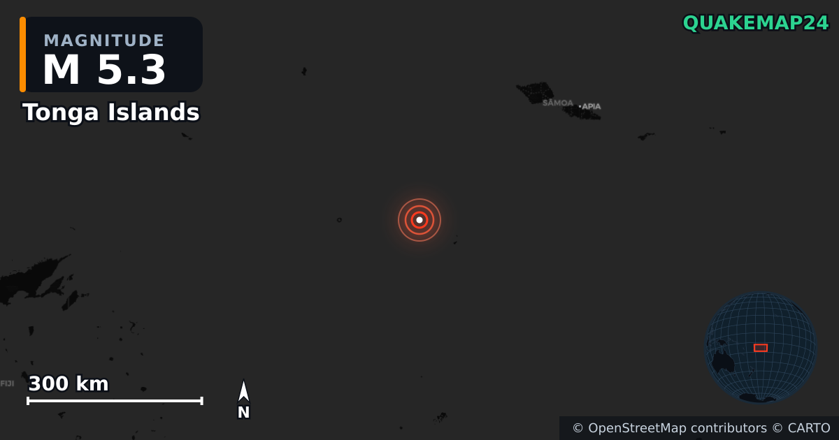 M5.3 earthquake near Tonga Islands on Jul 10, 2025 — map of epicenter and shaking intensity | QuakeMap24