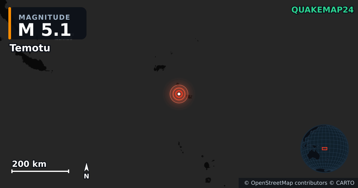 M5.1 earthquake near Temotu on Aug 30, 2025 — map of epicenter and shaking intensity | QuakeMap24