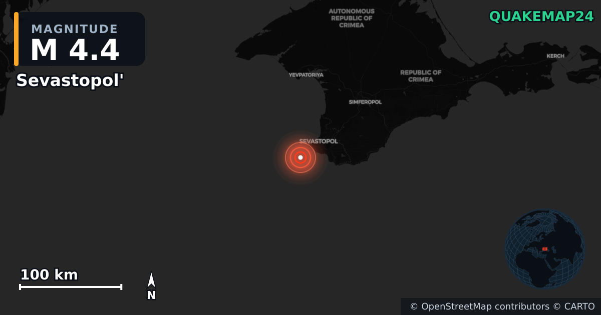 M4.4 earthquake near Sevastopol' on Dec 12, 2025 — map of epicenter and shaking intensity | QuakeMap24