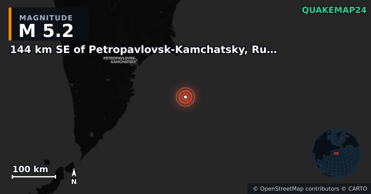 M5.2 earthquake near 144 km SE of Petropavlovsk-Kamchatsky, Russia on Sep 21, 2025 — map of epicenter and shaking intensity | QuakeMap24