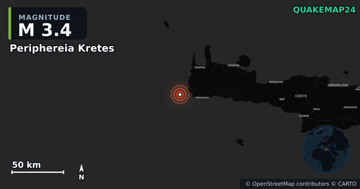 M3.4 earthquake near Periphereia Kretes on Jan 1, 2026 — map of epicenter and shaking intensity | QuakeMap24