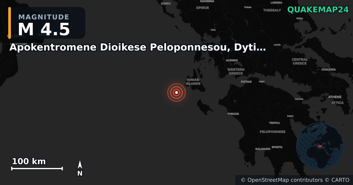 M4.5 earthquake near Apokentromene Dioikese Peloponnesou, Dytikes Elladas kai Ioniou on Jun 21, 2025 — map of epicenter and shaking intensity | QuakeMap24