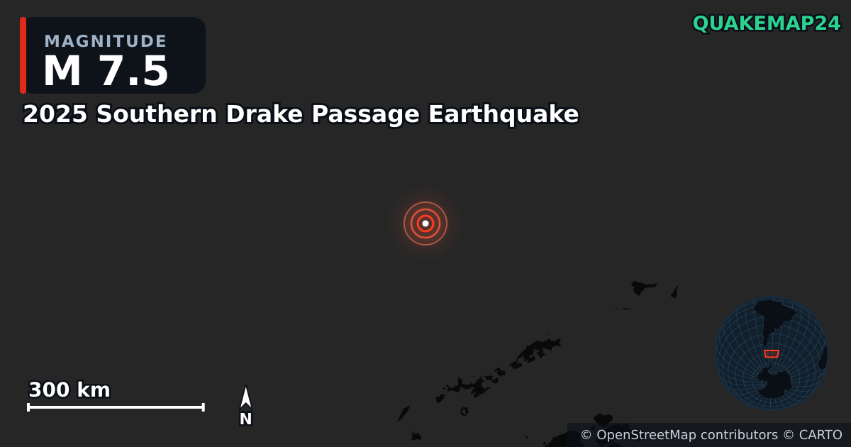 M7.5 earthquake near 2025 Southern Drake Passage Earthquake on Aug 22, 2025 — map of epicenter and shaking intensity | QuakeMap24