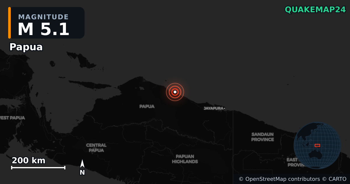 M5.1 earthquake near Papua on Aug 12, 2025 — map of epicenter and shaking intensity | QuakeMap24