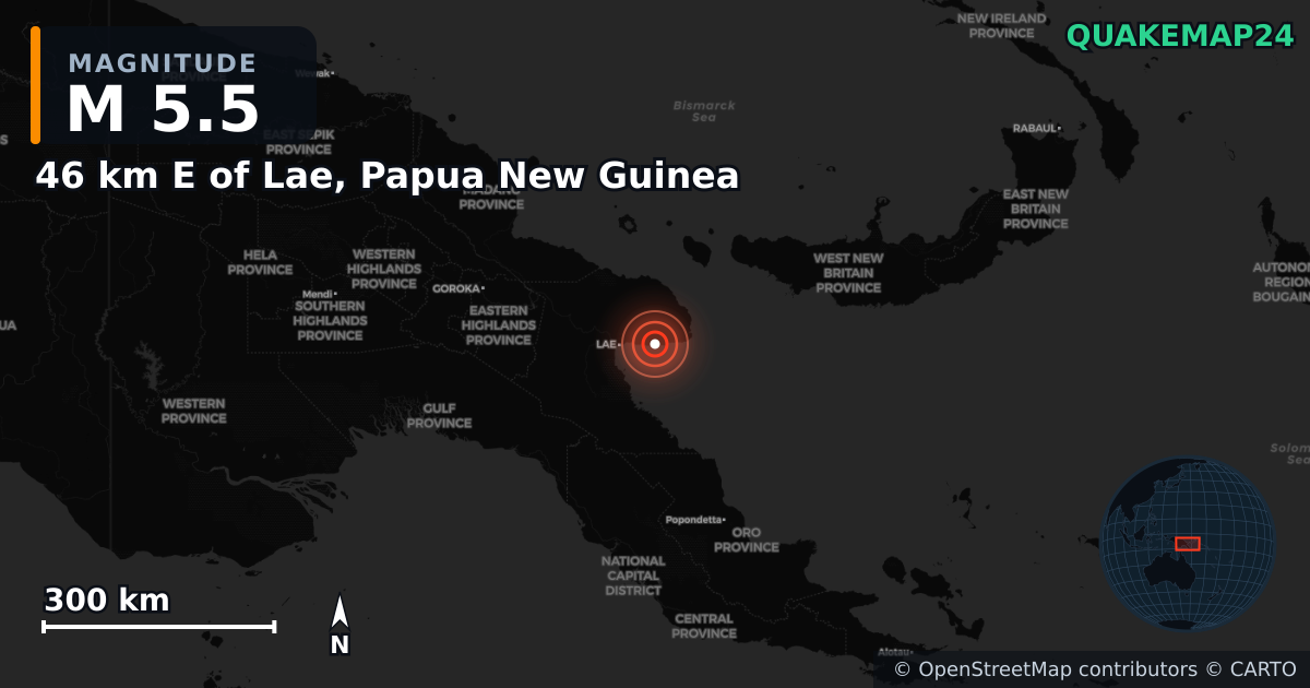 M5.5 earthquake near 46 km E of Lae, Papua New Guinea on Apr 13, 2025 — map of epicenter and shaking intensity | QuakeMap24