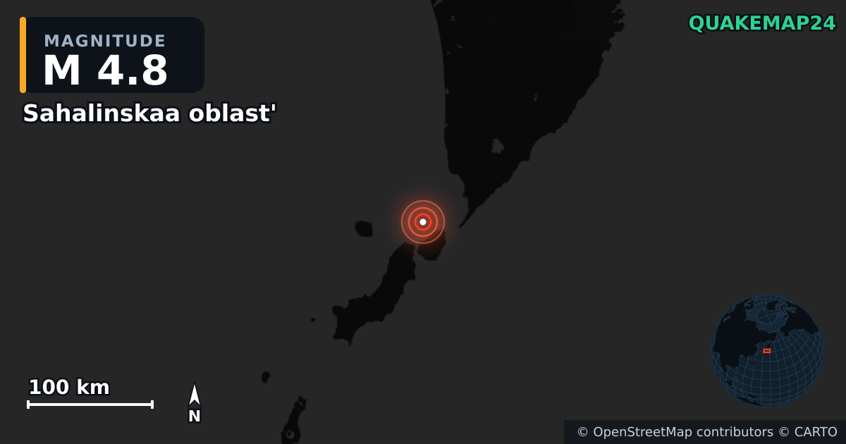 M4.8 earthquake near Sahalinskaa oblast' on May 11, 2025 — map of epicenter and shaking intensity | QuakeMap24