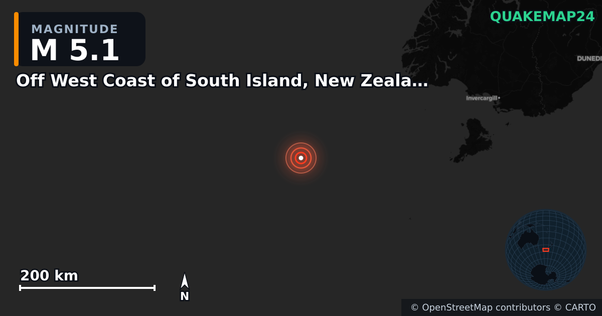 Erdbeben M5,1 bei Off West Coast of South Island, New Zealand — Karte der Lage des Epizentrums