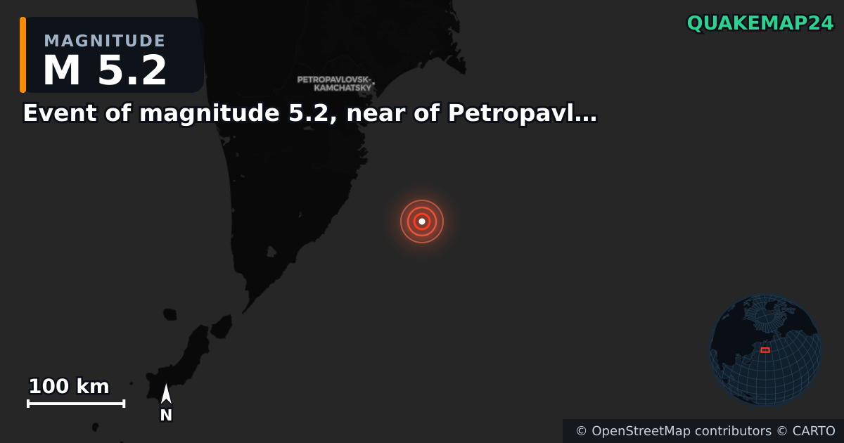 M5.2 earthquake near Event of magnitude 5.2, near of Petropavlovsk Kamchatskiy (Monde) on Oct 5, 2025 — map of epicenter and shaking intensity | QuakeMap24