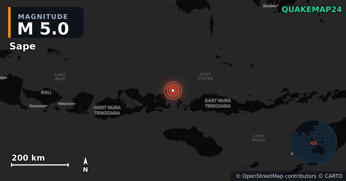 M5.0 earthquake near Sape on May 20, 2026 — map of epicenter and shaking intensity | QuakeMap24