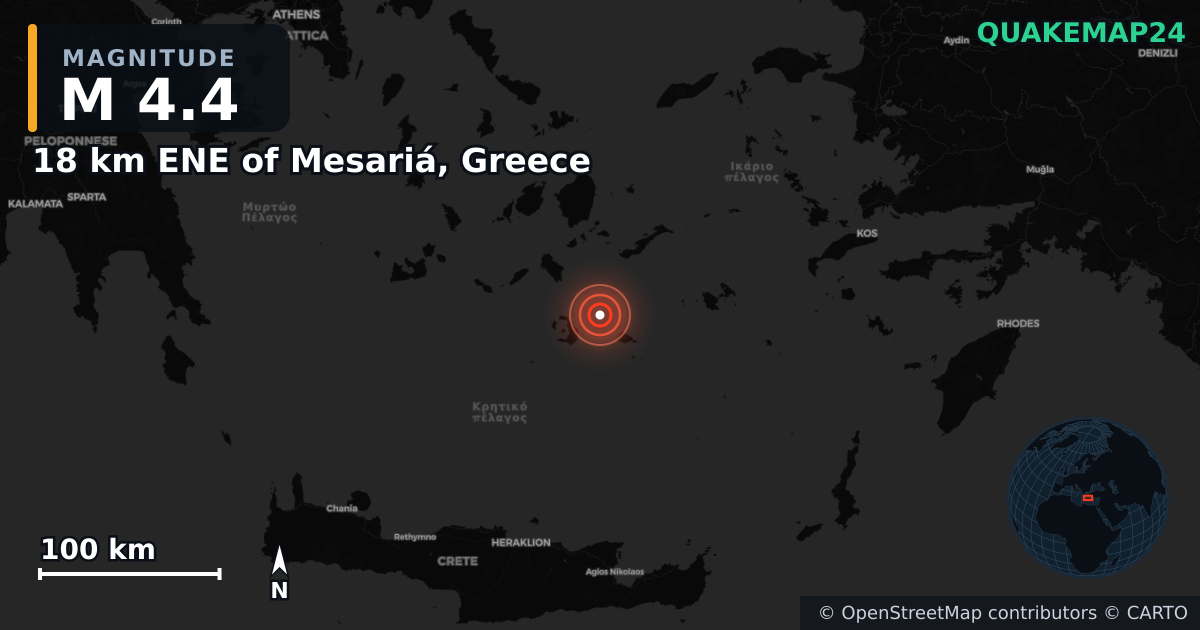 M4.4 earthquake near 18 km ENE of Mesariá, Greece on Feb 6, 2025 — map of epicenter and shaking intensity | QuakeMap24