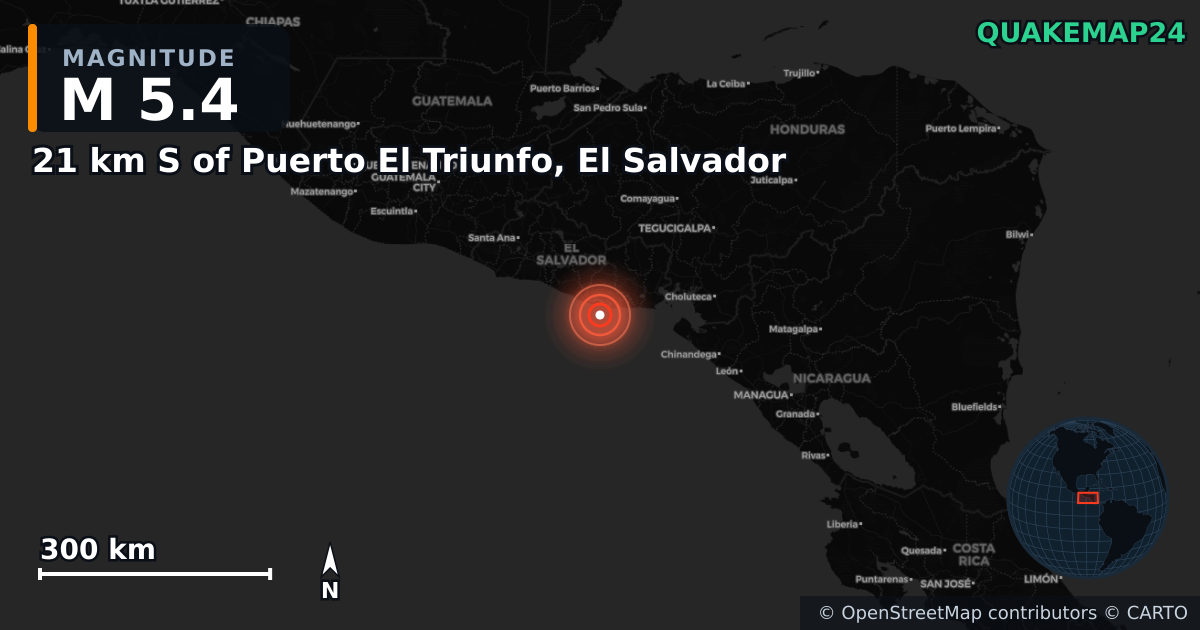 M5.4 earthquake near 21 km S of Puerto El Triunfo, El Salvador on Jun 18, 2025 — map of epicenter and shaking intensity | QuakeMap24