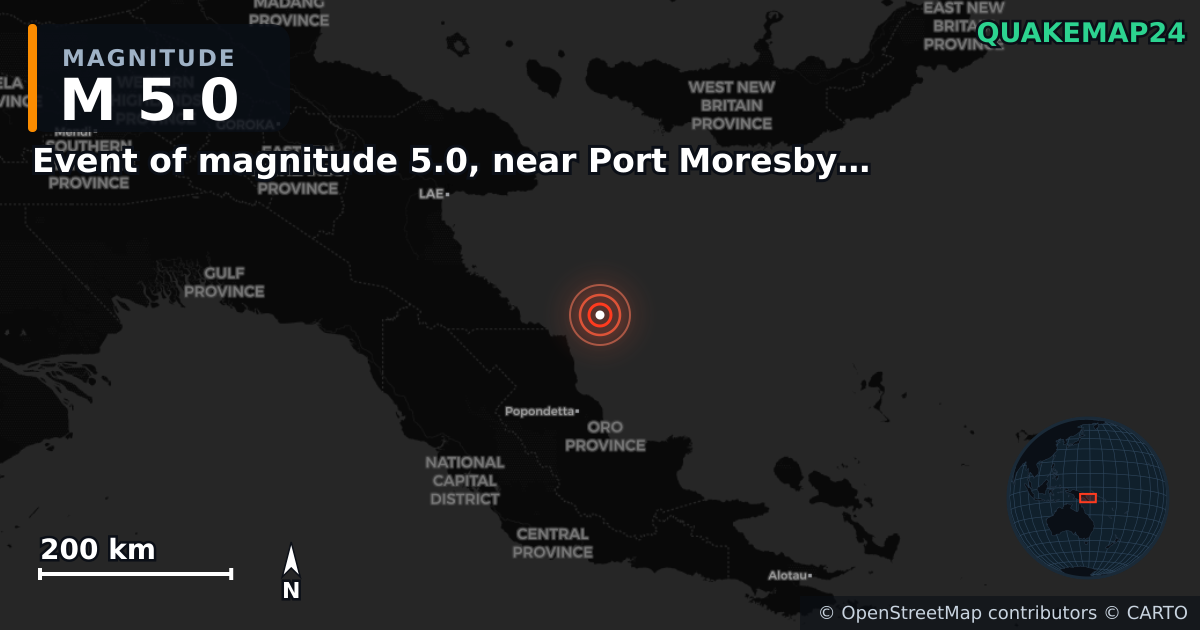 Erdbeben M5,0 bei Event of magnitude 5.0, near Port Moresby (Monde) — Karte der Lage des Epizentrums