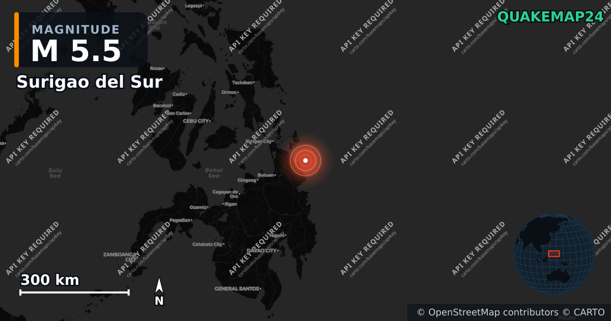 M5.5 earthquake near Surigao del Sur on May 24, 2026 — map of epicenter and shaking intensity | QuakeMap24