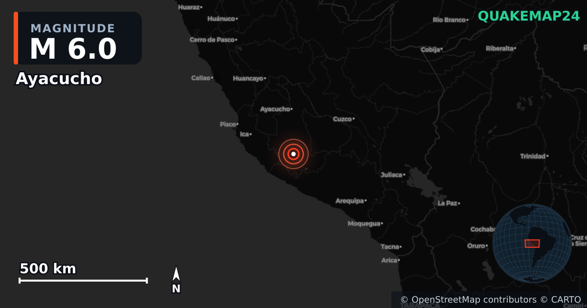M6.0 earthquake near Ayacucho on May 17, 2025 — map of epicenter and shaking intensity | QuakeMap24