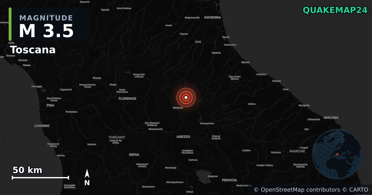 M3.5 earthquake near Toscana on Jan 2, 2026 — map of epicenter and shaking intensity | QuakeMap24