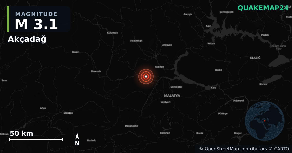 M3.1 earthquake near Akçadağ on Jan 18, 2026 — map of epicenter and shaking intensity | QuakeMap24