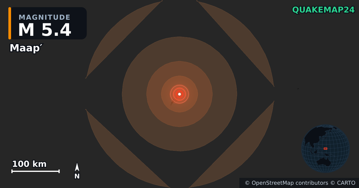 M5.4 earthquake near Maap′ on Aug 15, 2026 — map of epicenter and shaking intensity | QuakeMap24