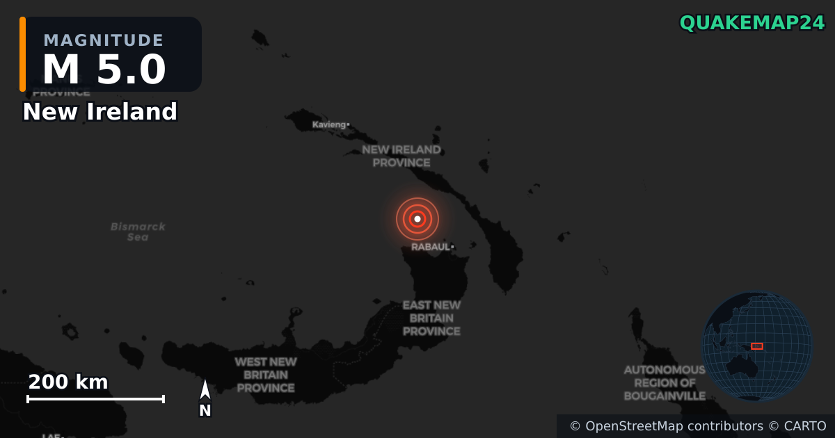 M5.0 earthquake near New Ireland on Jan 1, 2025 — map of epicenter and shaking intensity | QuakeMap24