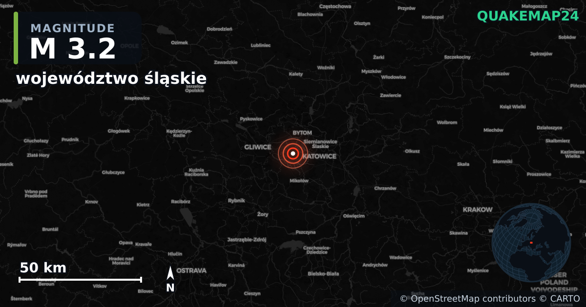 M3.2 earthquake near województwo śląskie on Oct 14, 2025 — map of epicenter and shaking intensity | QuakeMap24