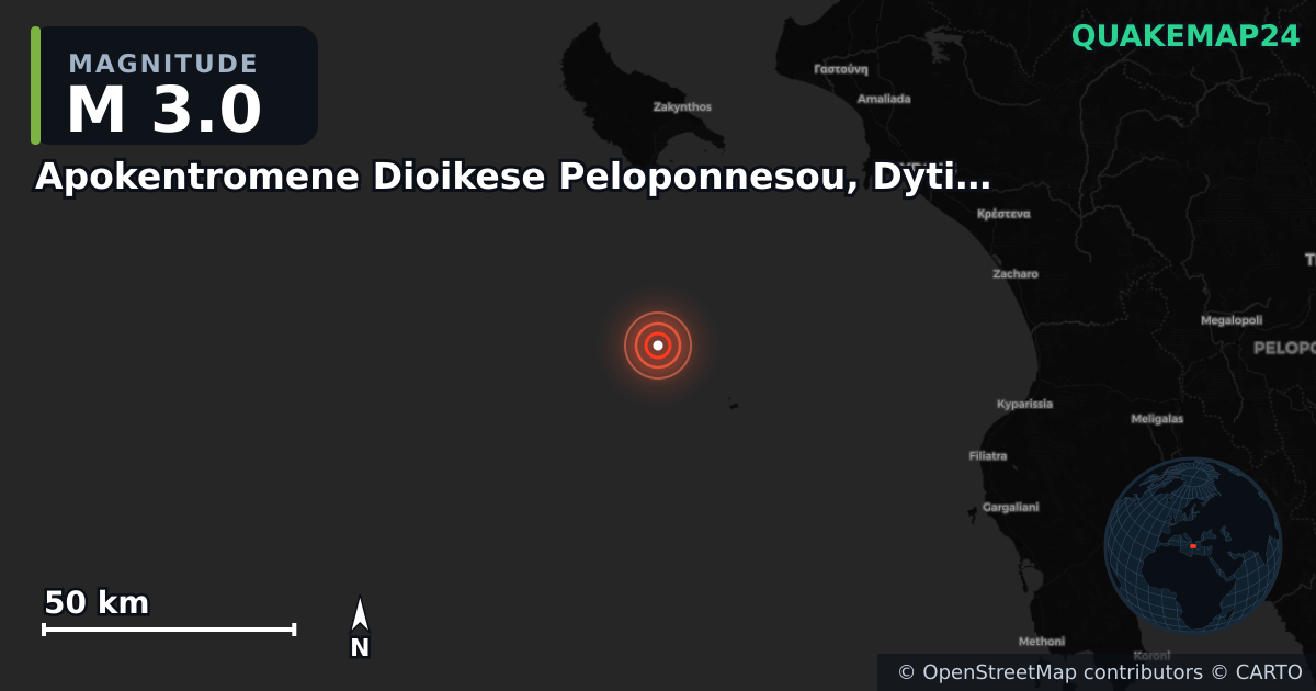 M3.0 earthquake near Apokentromene Dioikese Peloponnesou, Dytikes Elladas kai Ioniou on Oct 15, 2025 — map of epicenter and shaking intensity | QuakeMap24