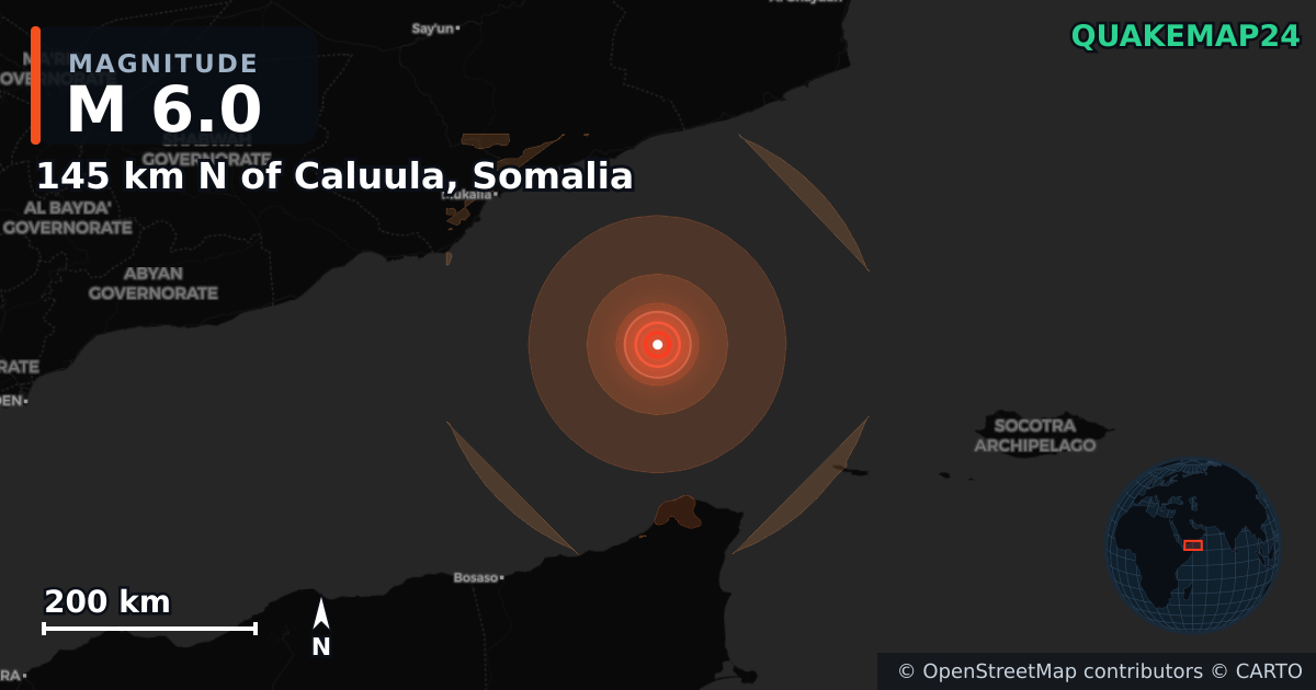 M6.0 Earthquake near 145 km N of Caluula, Somalia · 2026-08-27 — Map showing the location of the epicenter