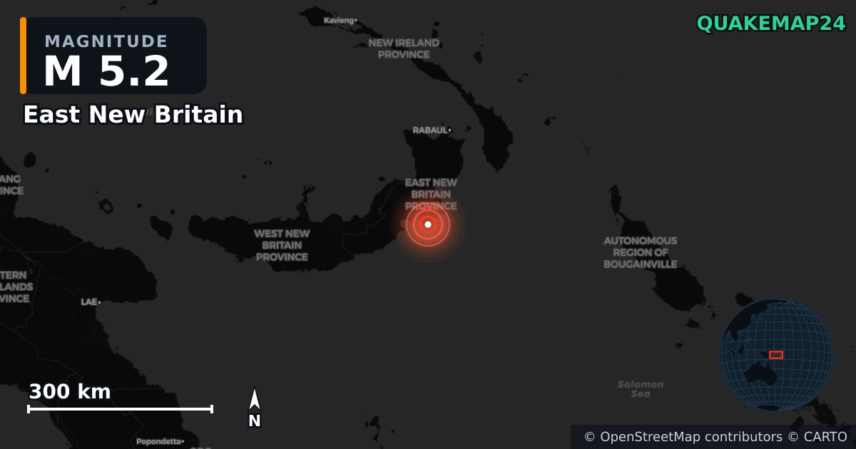 M5.2 earthquake near East New Britain on Dec 21, 2025 — map of epicenter and shaking intensity | QuakeMap24