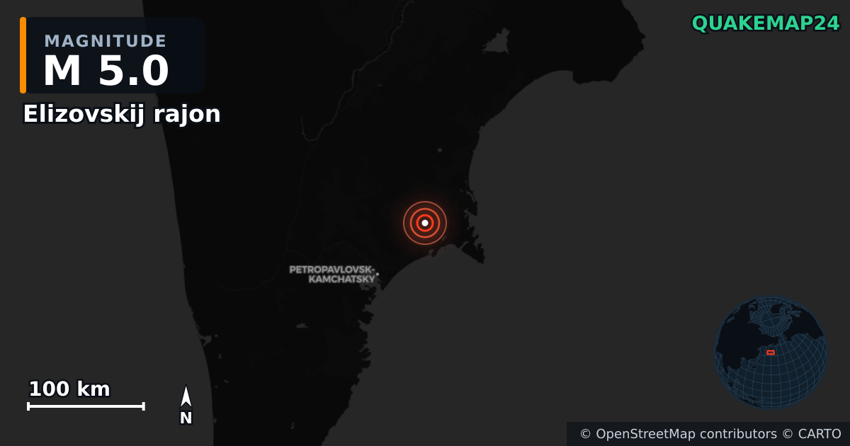 M5.0 earthquake near Elizovskij rajon on Sep 19, 2025 — map of epicenter and shaking intensity | QuakeMap24