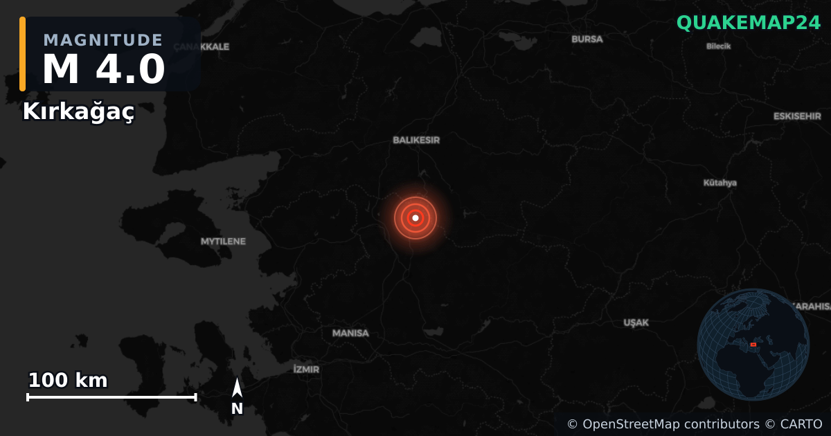 M4.0 earthquake near Kırkağaç on Aug 11, 2025 — map of epicenter and shaking intensity | QuakeMap24