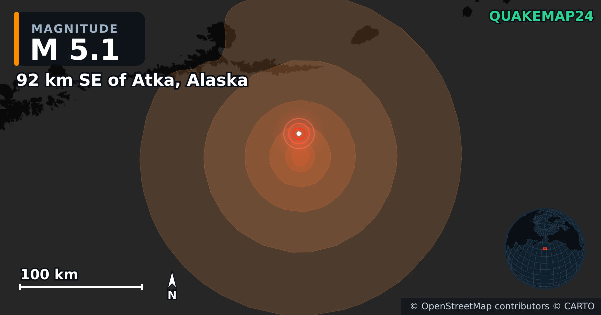 Erdbeben M5,1 bei 92 km SE of Atka, Alaska — Karte der Lage des Epizentrums