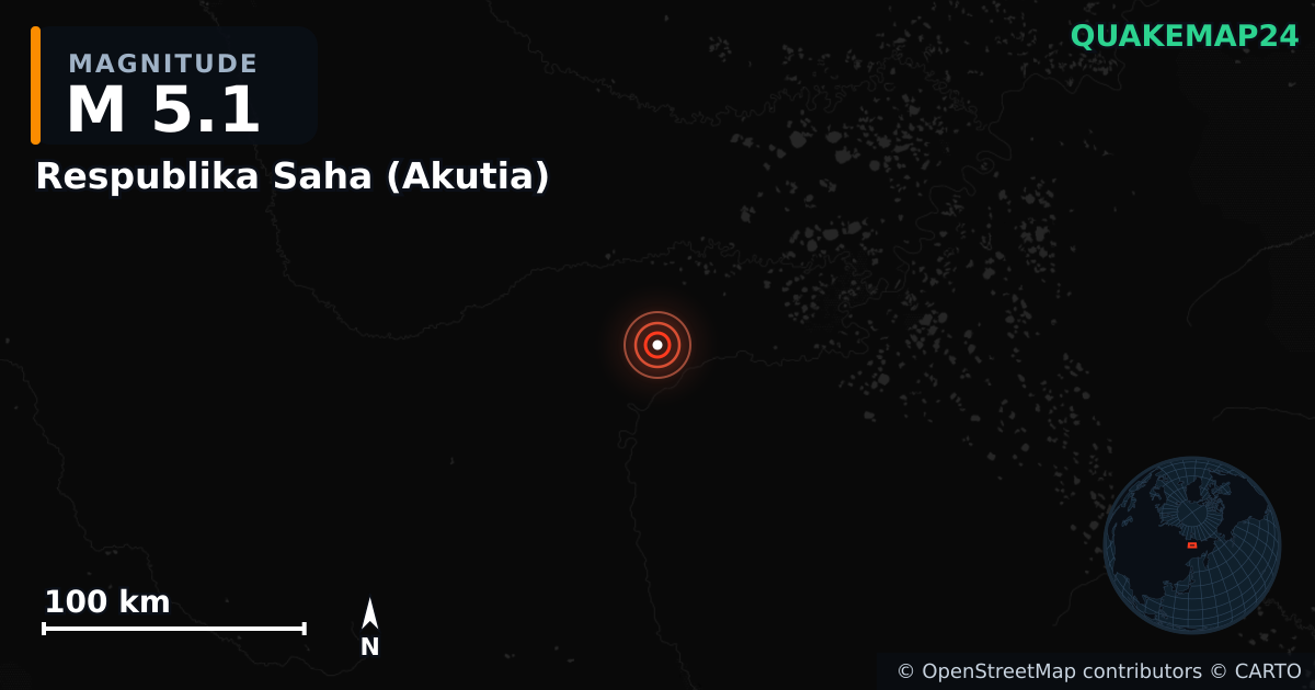M5.1 earthquake near Respublika Saha (Akutia) on Nov 4, 2025 — map of epicenter and shaking intensity | QuakeMap24