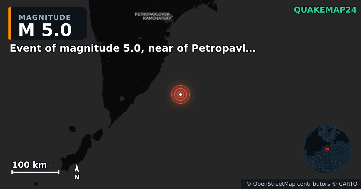 M5.0 earthquake near Event of magnitude 5.0, near of Petropavlovsk Kamchatskiy (Monde) on Sep 1, 2025 — map of epicenter and shaking intensity | QuakeMap24