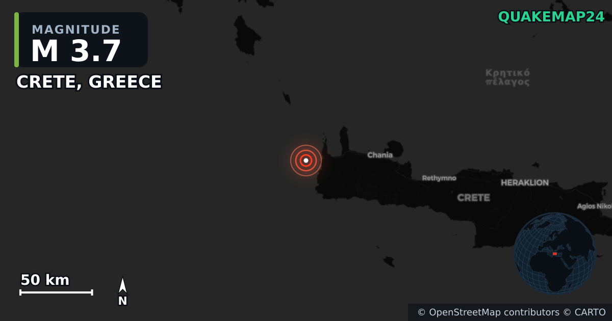 M3.7 earthquake near CRETE, GREECE on Aug 18, 2025 — map of epicenter and shaking intensity | QuakeMap24