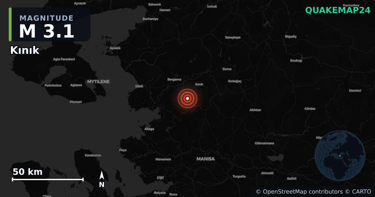 M3.1 earthquake near Kınık on Aug 24, 2025 — map of epicenter and shaking intensity | QuakeMap24