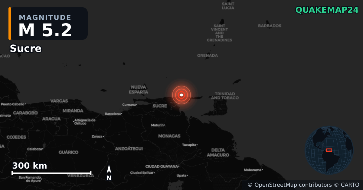 M5.2 earthquake near Sucre on Nov 19, 2025 — map of epicenter and shaking intensity | QuakeMap24
