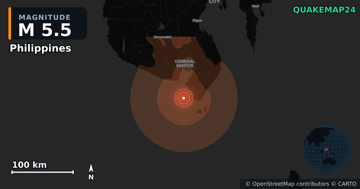 Sismo de M5,5 perto de Philippines (Filipinas) · 2026-10-08 — Mapa da localização do epicentro