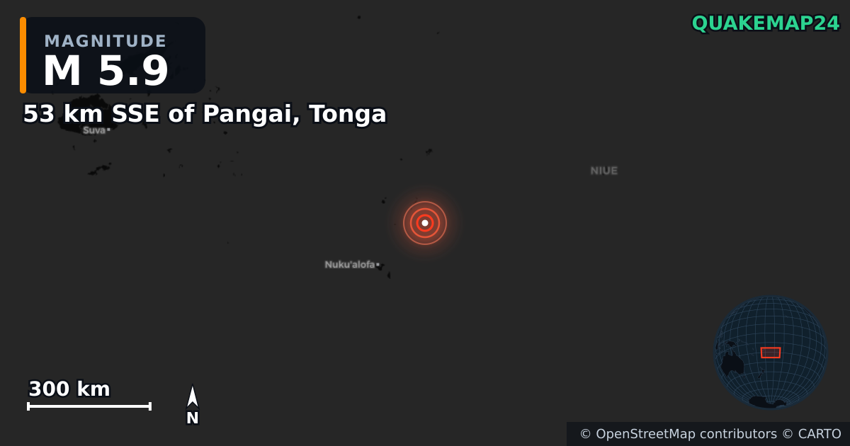 M5.9 earthquake near 53 km SSE of Pangai, Tonga on Mar 30, 2025 — map of epicenter and shaking intensity | QuakeMap24