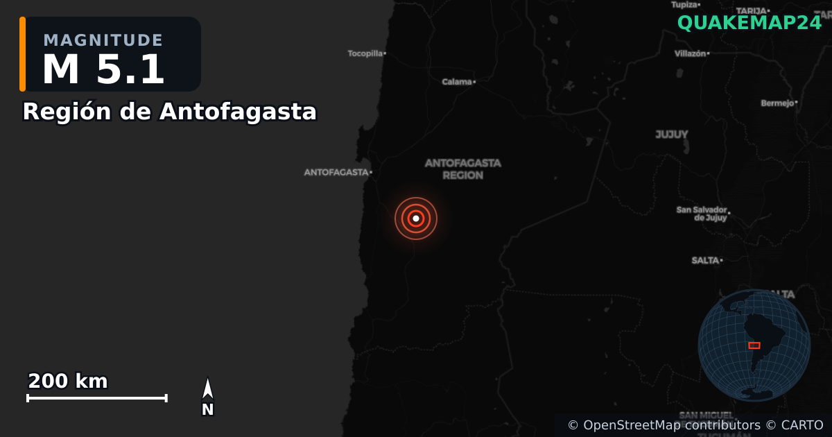 M5.1 earthquake near Región de Antofagasta on Jul 17, 2025 — map of epicenter and shaking intensity | QuakeMap24