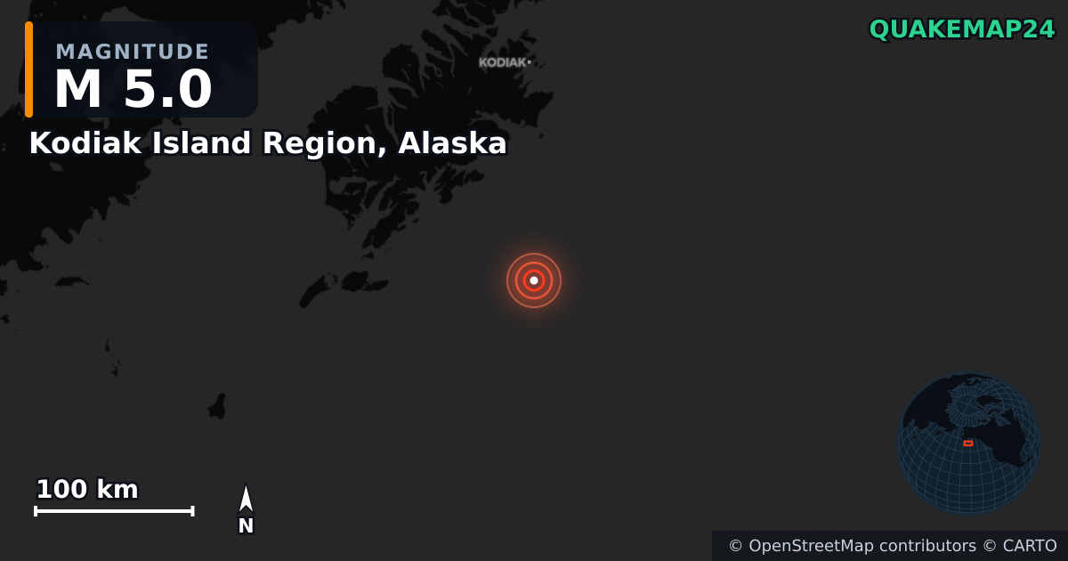 M5.0 earthquake near Kodiak Island Region, Alaska on Sep 17, 2025 — map of epicenter and shaking intensity | QuakeMap24