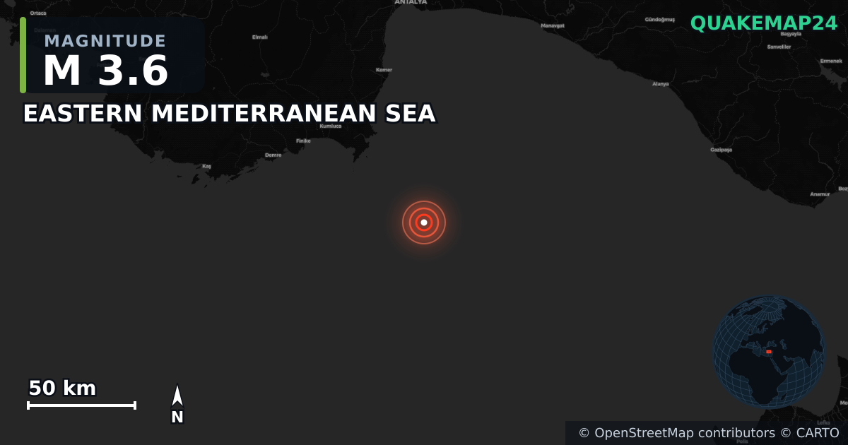 M3.6 earthquake near EASTERN MEDITERRANEAN SEA on Jun 18, 2026 — map of epicenter and shaking intensity | QuakeMap24